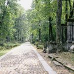 Caminho de pedras entre árvores e túmulos em um cemitério ao ar livre.